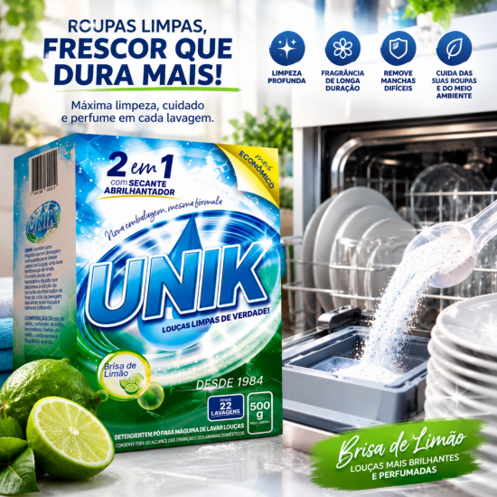 Detergente Máquina de Lavar Louça Unik com Secante Abrilhantador 500g