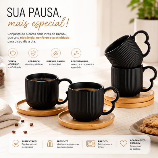 Jogo de 4 Xícaras com Pires de Bambu Oasis Hauskraft Preto