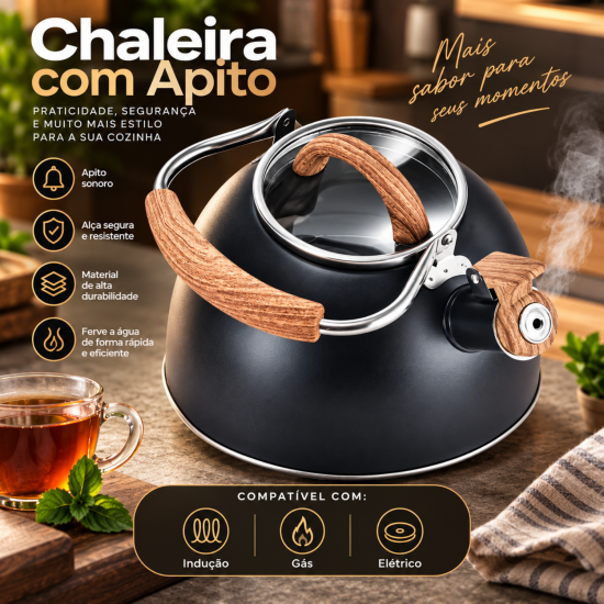 Chaleira de Inox 2L MTA Preta com Cabo Amadeirado Chaleira de Inox 2L MTA Preta com Cabo Amadeirado