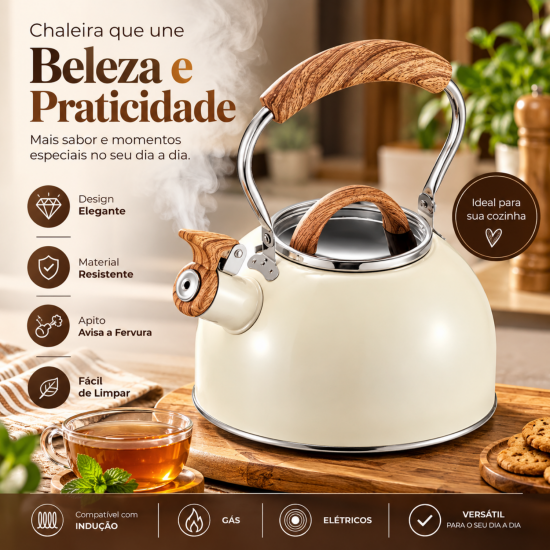 Chaleira de Inox 2L MTA Vanilla com Cabo Amadeirado Chaleira de Inox 2L MTA Vanilla com Cabo Amadeirado