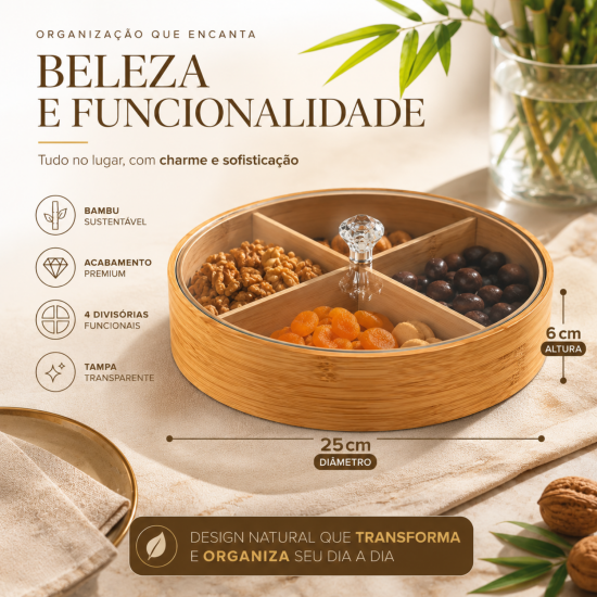 Petisqueira de Bambu Redonda com Tampa 4 Divisões Yin's 25x6cm