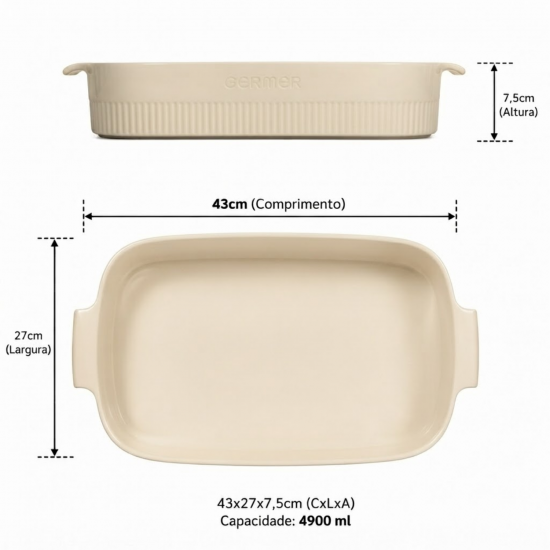 Travessa de Porcelana Retangular Germer 37x26cm Marfim