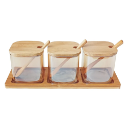 Porta Condimento c/ 3pc + Suporte de Bambu Mori