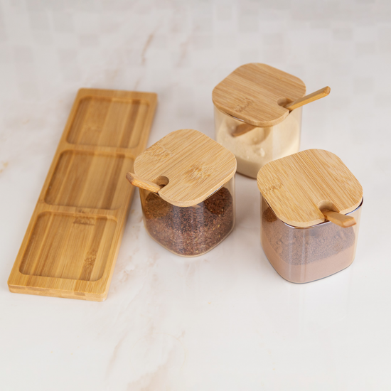 Porta Condimento c/ 3pc + Suporte de Bambu Mori