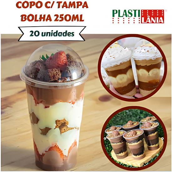 Copo Plástico Descartável com Tampa Bolha 250mL Plastilânia com 20un.