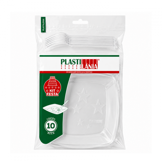 Kit Festa Descartável Cristal Plastilânia 10 Pratos 15cm + 10 Garfos