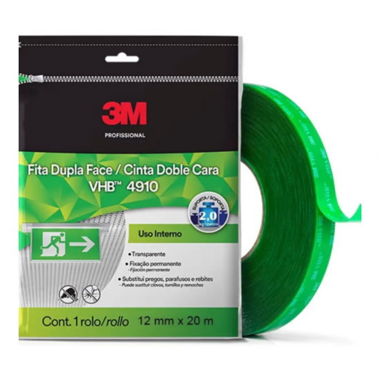 Fita Dupla Face Transparente 3M Fixa Forte VHB 4910 12mm x 20m Fita Dupla Face Transparente 3M Fixa Forte VHB 4910 12mm x 20m