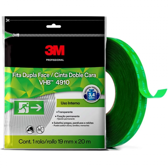 Fita Dupla Face Transparente 3M Fixa Forte VHB 4910 19mm x 20m Fita Dupla Face Transparente 3M Fixa Forte VHB 4910 19mm x 20m