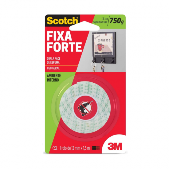 Fita Dupla Face Espuma 3M Fixa Forte 12mm x 1,5m Fita Dupla Face Espuma 3M Fixa Forte 12mm x 1,5m