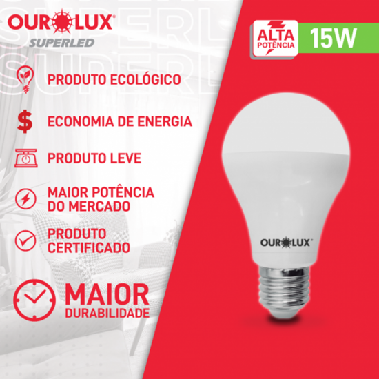 Lâmpada LED 15W Ourolux Superled Bulbo 6500K Bivolt Lâmpada LED 15W Ourolux Superled Bulbo 6500K Bivolt