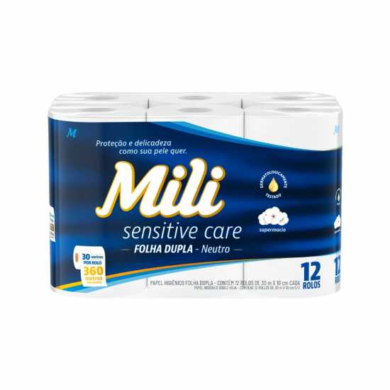 Papel Higiênico Folha Dupla Mili Sensitive Care com 12 rolos de 30 metros Papel Higiênico Folha Dupla Mili Sensitive Care com 12 rolos de 30 metros