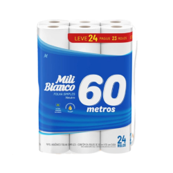 Papel Higiênico Folha Simples Mili Neutro com 24 rolos de 60 metros