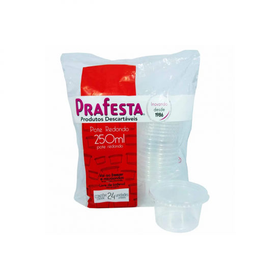 Pote Plástico Descartável Redondo com Tampa 250mL Prafesta com 24 unid. Pote Plástico Descartável Redondo com Tampa 250mL Prafesta com 24 unid.