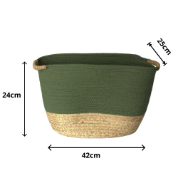 Cesto de Fibra Natural e Algodão com Alça 42x25x24cm Verde Esmeralda