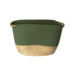 Cesto de Fibra Natural e Algodão com Alça 46x29x28cm Verde Esmeralda