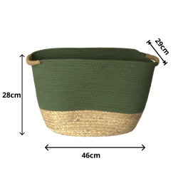 Cesto de Fibra Natural e Algodão com Alça 46x29x28cm Verde Esmeralda