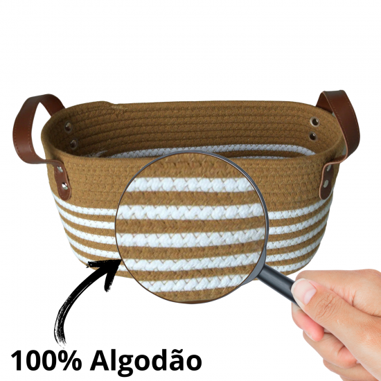 Cesto de Algodão com Alça 30x19x15cm Mocca e Listra Branca Cesto de Algodão com Alça 30x19x15cm Mocca e Listra Branca