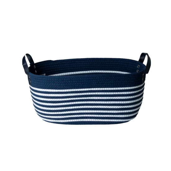 Cesto de Algodão com Alça 30x19x15cm Azul Naval e Listra Branca Cesto de Algodão com Alça 30x19x15cm Azul Naval e Listra Branca