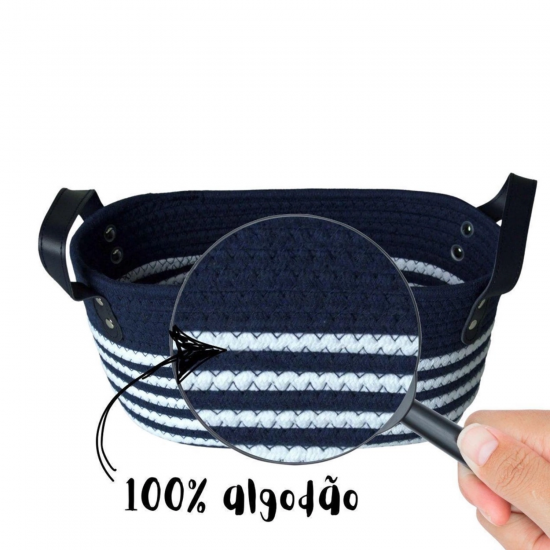 Cesto de Algodão com Alça 30x19x15cm Azul Naval e Listra Branca Cesto de Algodão com Alça 30x19x15cm Azul Naval e Listra Branca