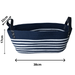 Cesto de Algodão com Alça 38x22x17cm Azul Naval e Listra Branca Cesto de Algodão com Alça 38x22x17cm Azul Naval e Listra Branca