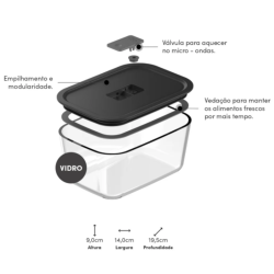Pote de Vidro Hermético <Ou> 1,2L Fresh Lock tampa Preta
