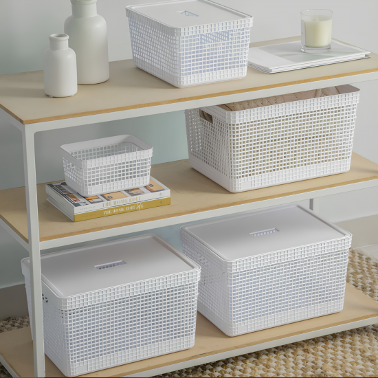 Cesto Organizador <Ou> 20L Com Tampa Grid Bege