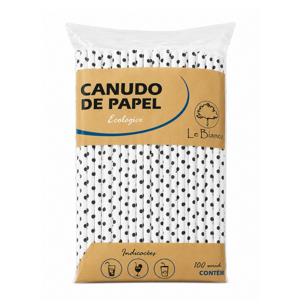 Canudo Biodegradável Papel Le Bianco 5mm Bolinha Black com 100un.