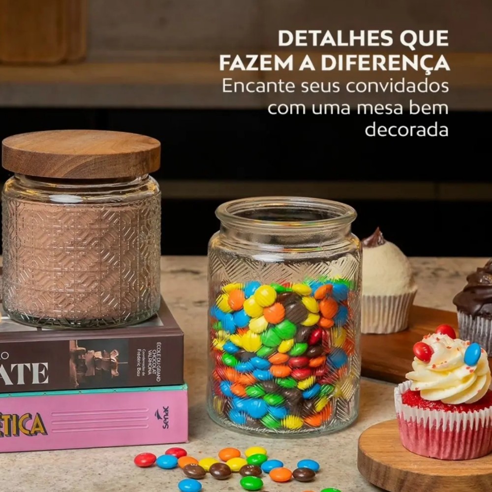 Pote de Vidro Redondo com Tampa Acácia Rústico 750mL Le Bianco