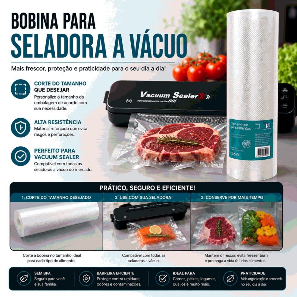 Bobina de Saco para Seladora à Vácuo 25cm x 5m