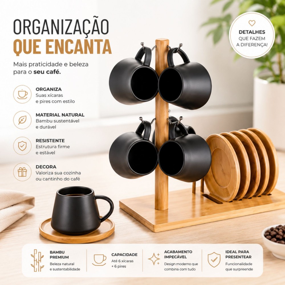 Jogo de 6 Xícaras Oasis Hauskraft Preto com Suporte
