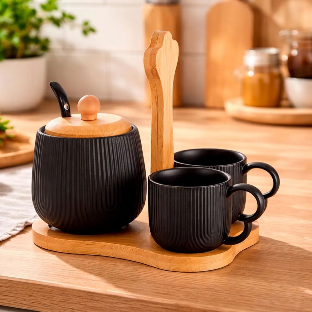 Jogo de Xícaras + Açucareiro Oasis Hauskraft Preto com Suporte 