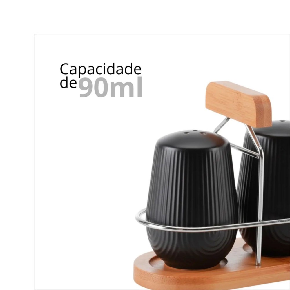 Saleiro e Pimenteiro com Suporte de Cerâmica Hauskraft Preto