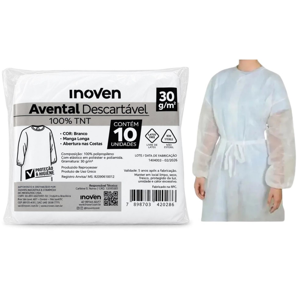Avental Descartável TNT Manga Longa 30g Inoven com 10un.