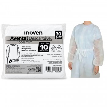 Avental Descartável TNT Manga Longa 30g Inoven com 10un.