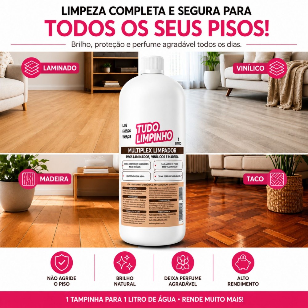 Limpador de Pisos Laminados e Vinílicos 1L Multiplex Tudo Limpinho