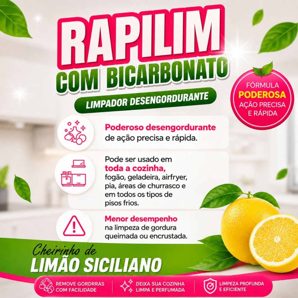 Limpador Desengordurante Spray 500mL Rapilim com Bicarbonato Tudo Limpinho