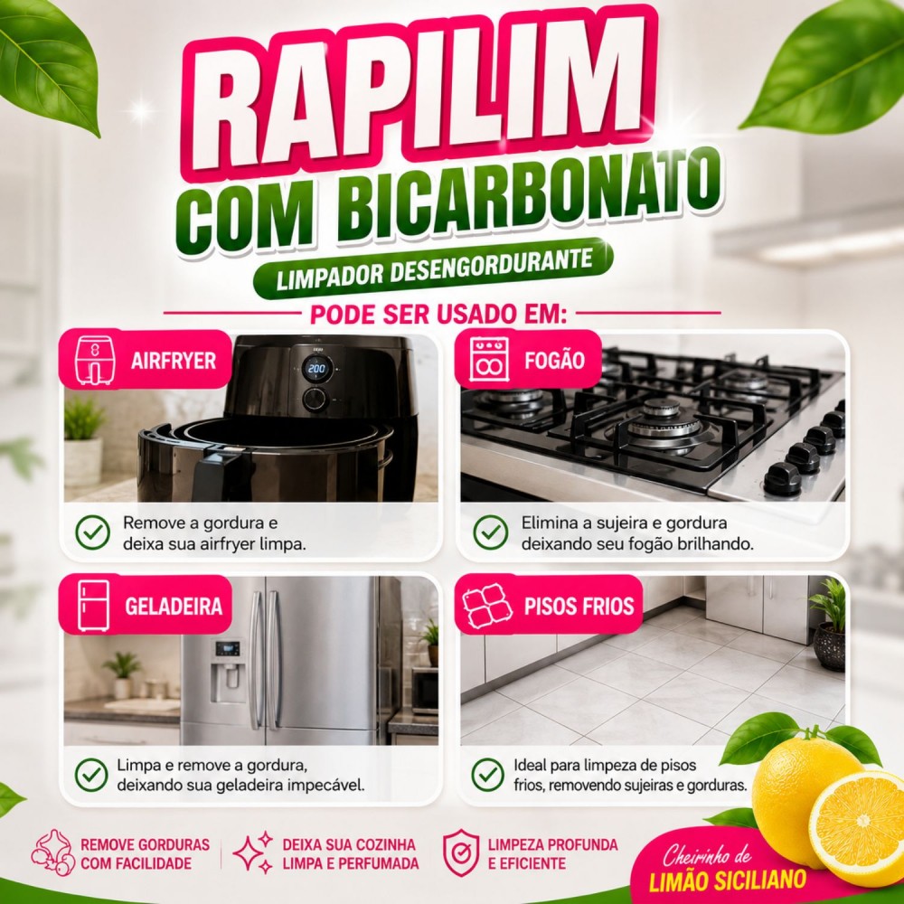 Limpador Desengordurante Spray 500mL Rapilim com Bicarbonato Tudo Limpinho