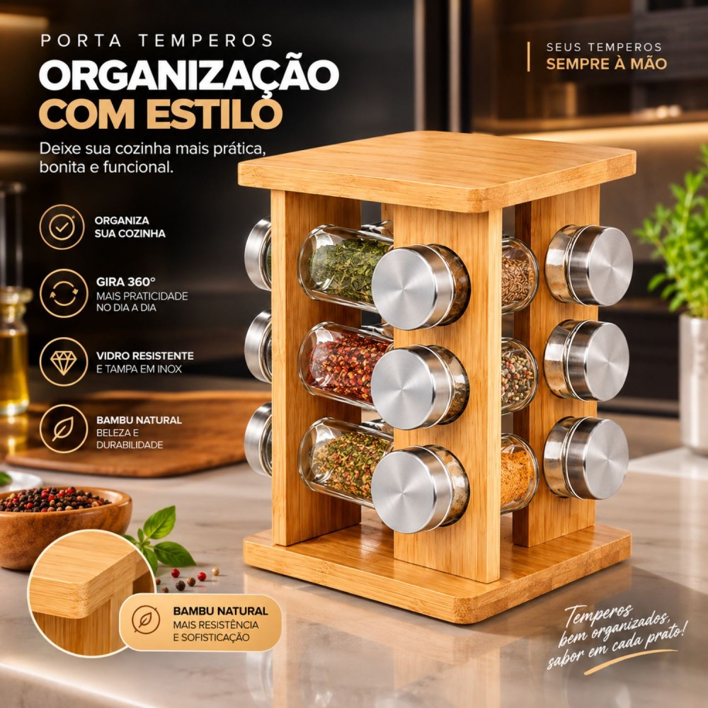 Porta Condimento com 12 peças + Suporte Giratório Bambu Yin´s