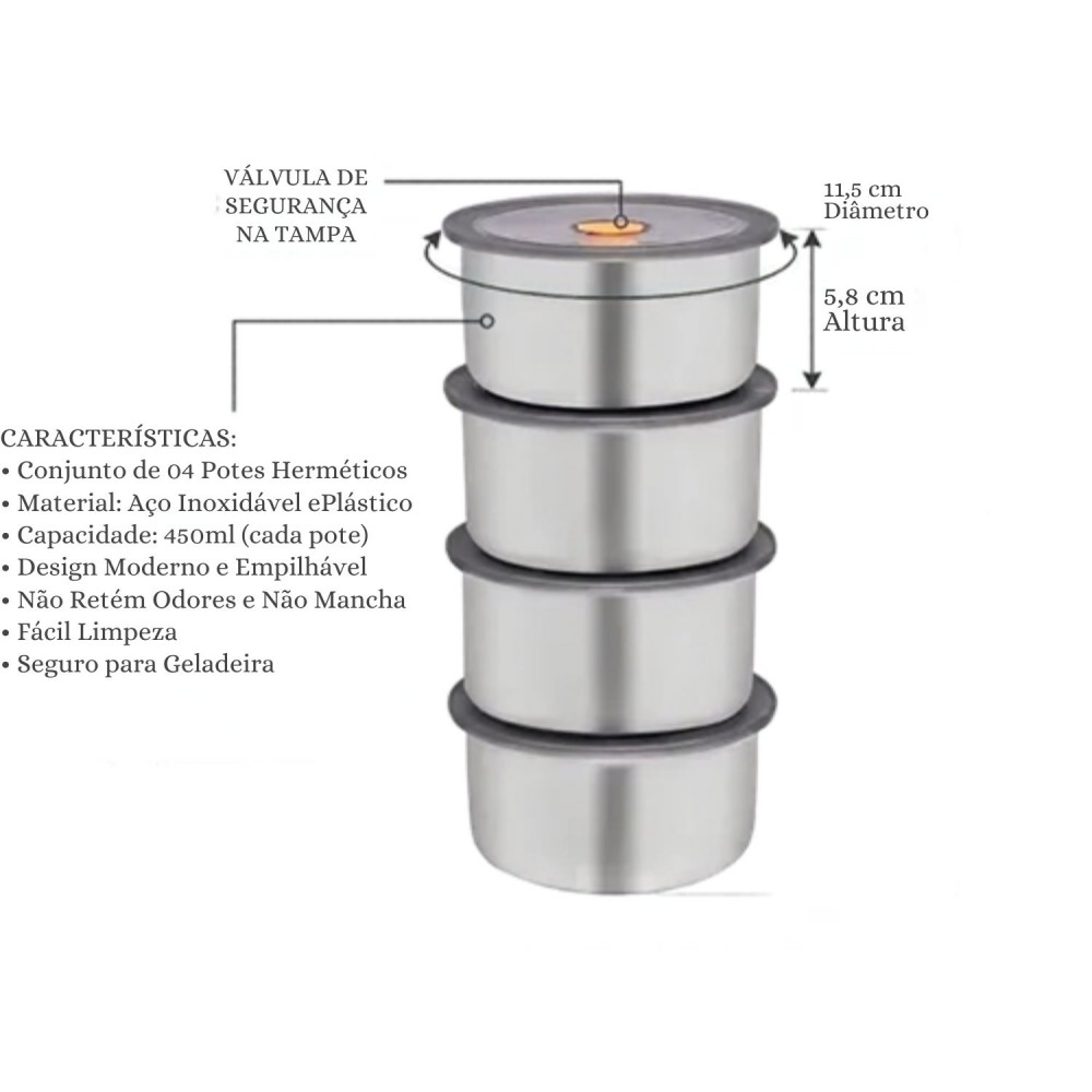Pote de Inox Hermético Top Chef 450mL com 4un.