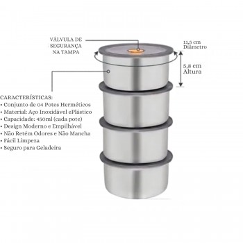 Pote de Inox Hermético Top Chef 450mL com 4un.