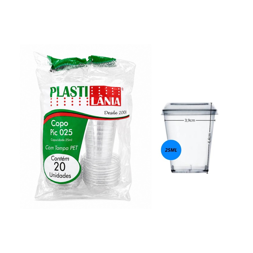 Copo Acrílico com Tampa 25mL Plastilânia com 20un.