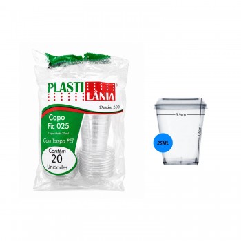 Copo Acrílico com Tampa 25mL Plastilânia com 20un.