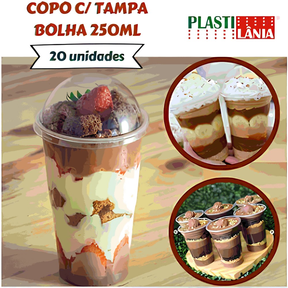 Copo Plástico Descartável com Tampa Bolha 250mL Plastilânia com 20un.