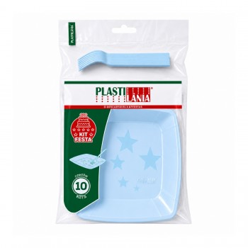 Kit Festa Descartável Azul Plastilânia 10 Pratos 15cm + 10 Garfos