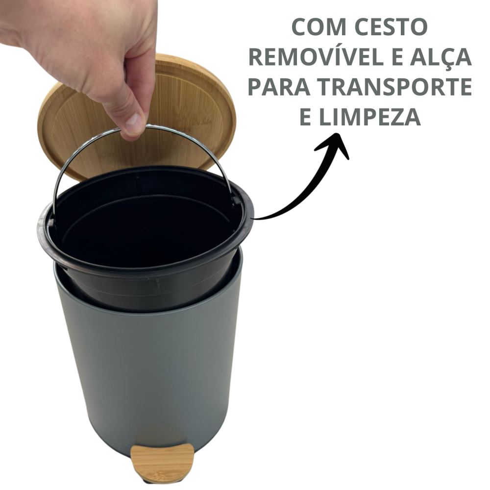 Lixeira com Pedal e Tampa de Bambu Soft 5L Paramount - Cinza