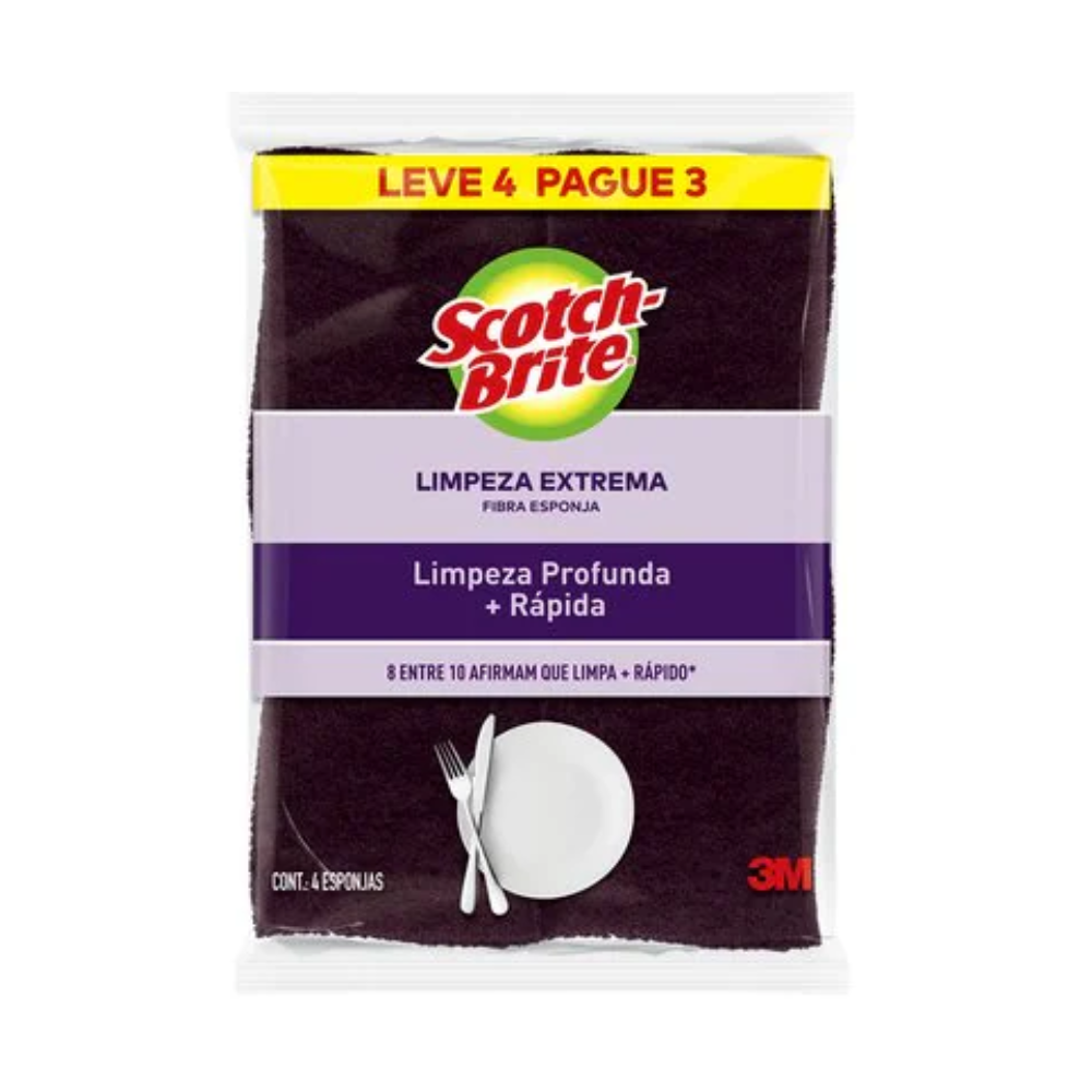 Esponja Dupla Face Limpeza Extrema 3M Scotch Brite com 4 unid. LEVE 4 PAGUE 3