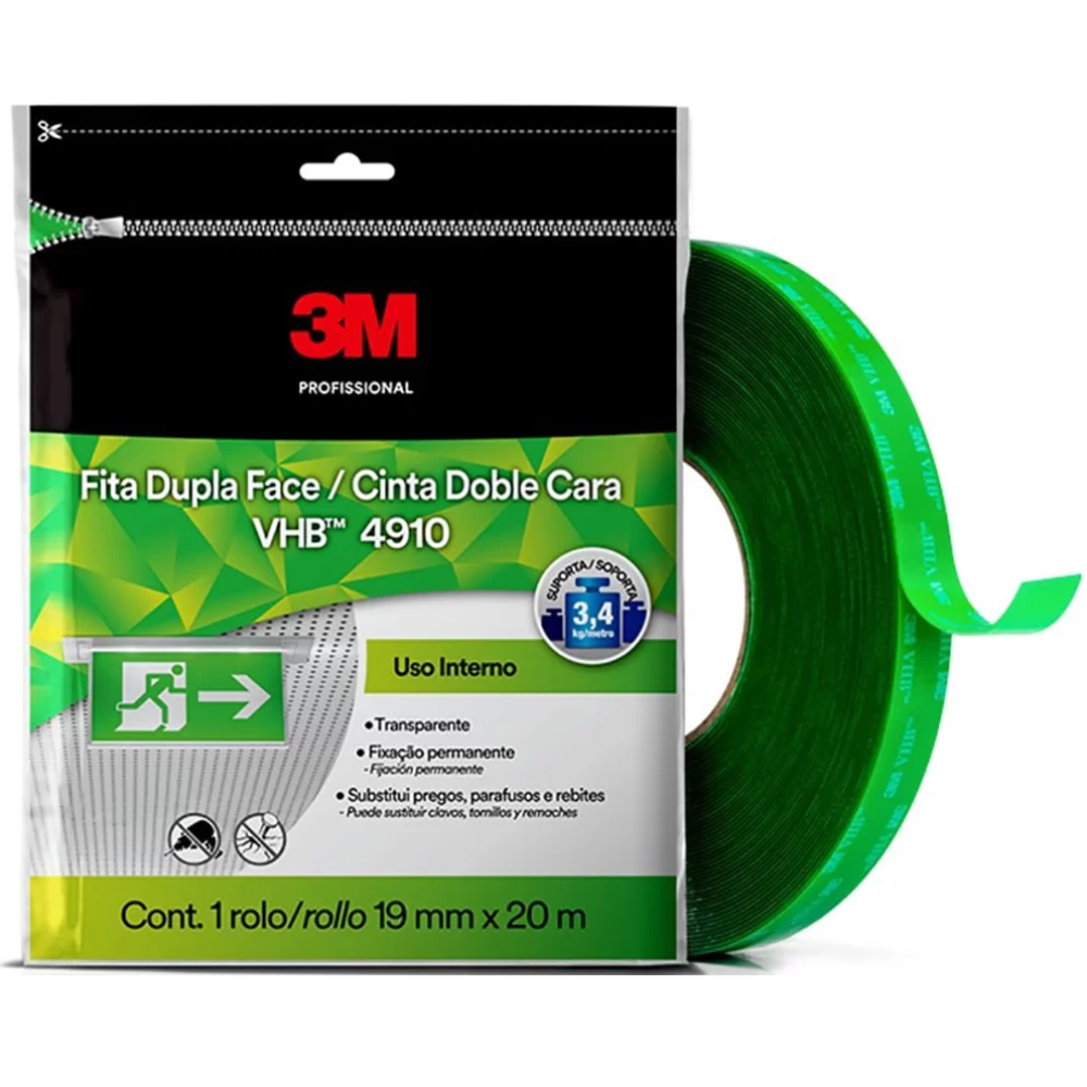 Fita Dupla Face Transparente 3M Fixa Forte VHB 4910 19mm x 20m