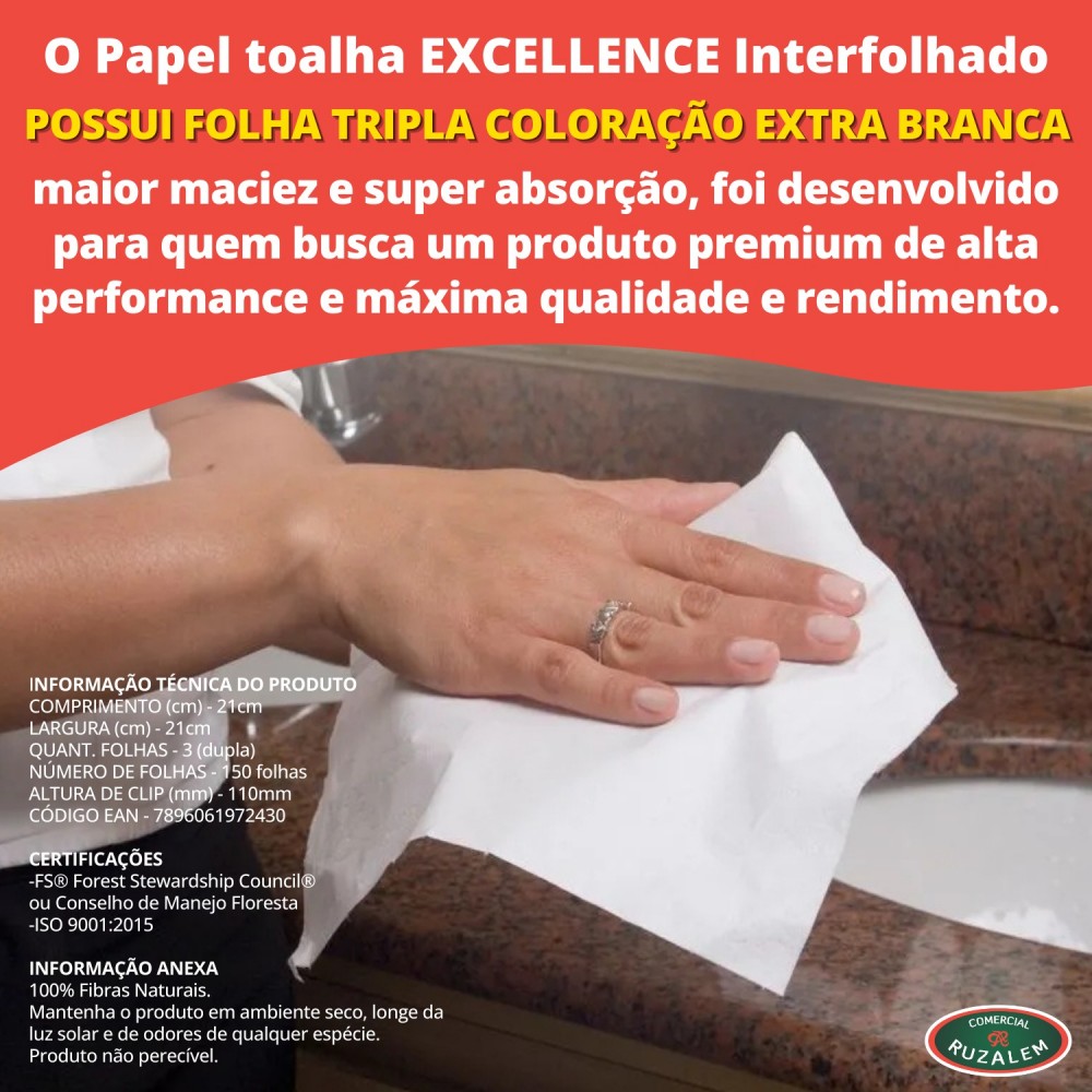 Papel Toalha Interfolhado Folha Tripla Elite 100% Celulose com 150 folhas