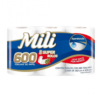 Toalha de Papel Mili Folha Dupla 19x22cm com 600 folhas (3x200)
