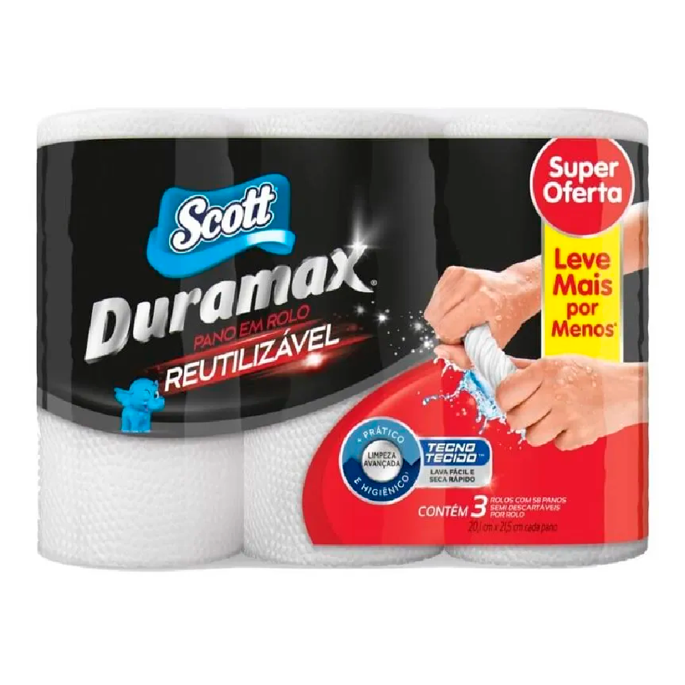 Pano Super Absorvente Reutilizável Scott Duramax 21x22cm com 3 rolos de 58 folhas